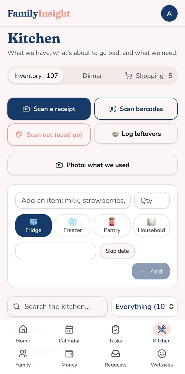 FamilyInsight screen: The kitchen fills itself